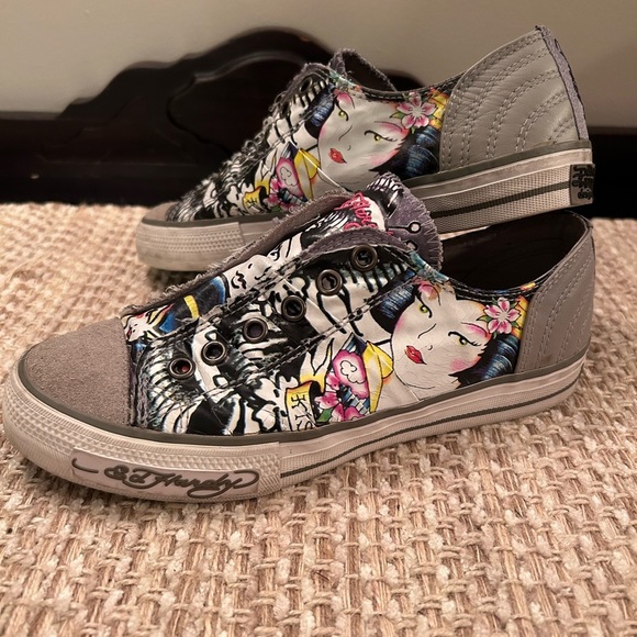 Ed Hardy Colorful Tattoo Slip On Sneakers Women Sz 5 Shoes Low Tops Y2K Grunge - Picture 5 of 10